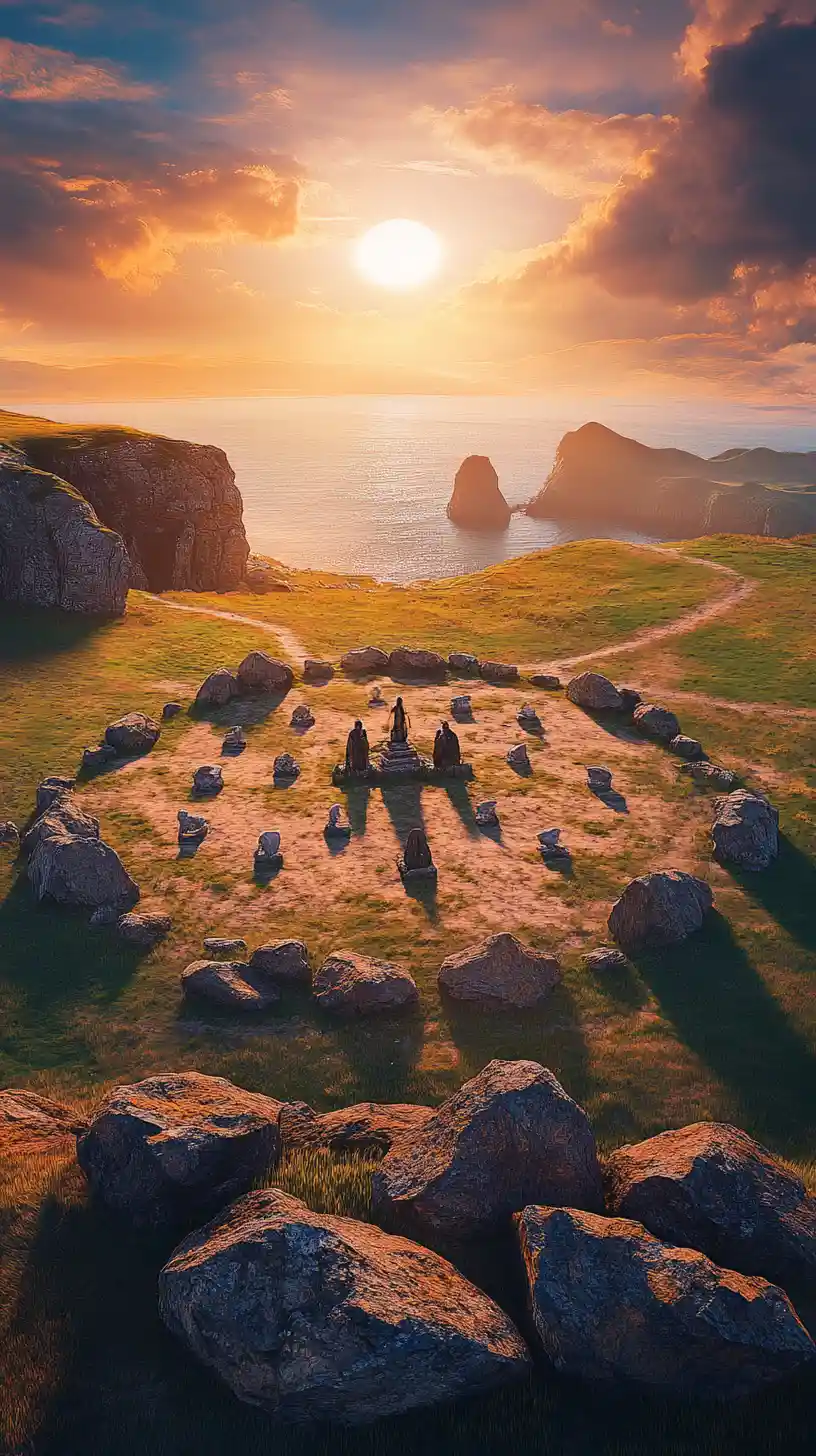Stone circle chapel on a vast coastal plain at sunset