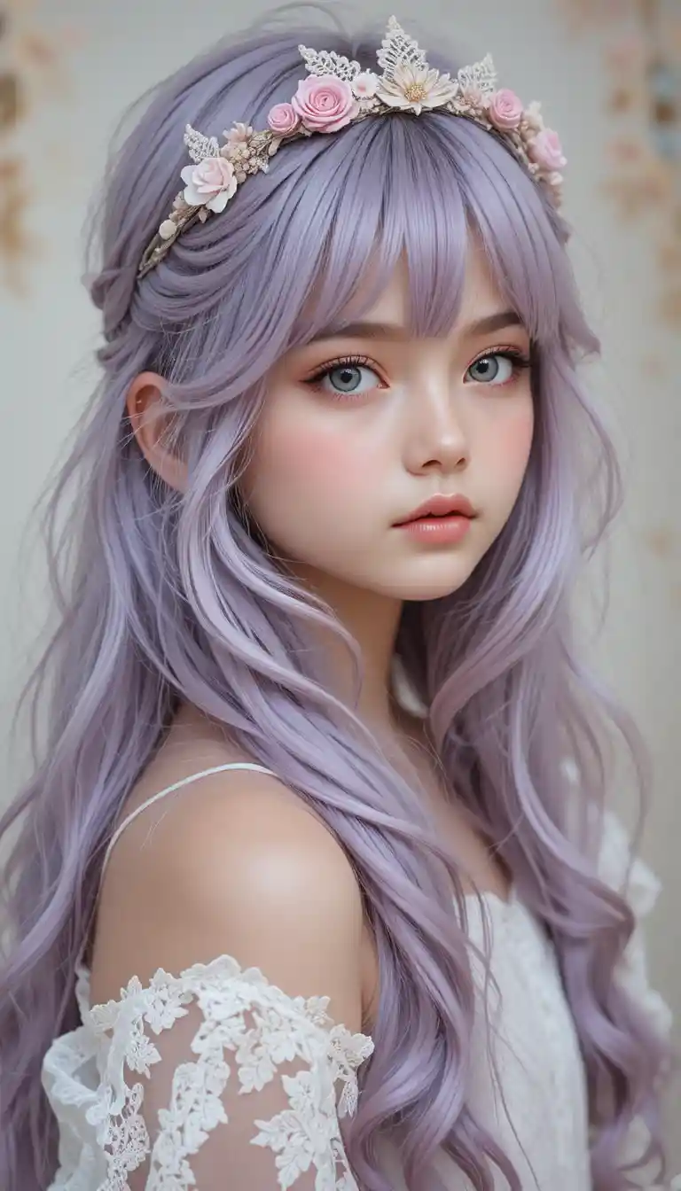 Dreamy full length portrait of girl with lilac hair