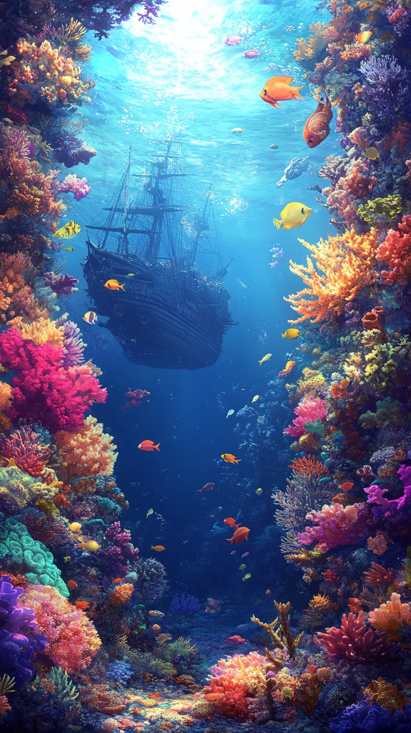 Colorful coral reef with fish and a sunken fantasy ship