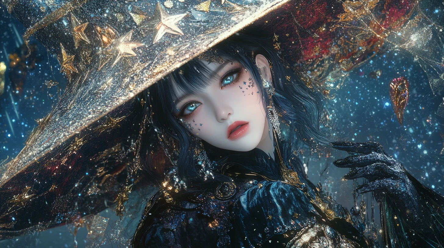 Mystical anime witch in luxurious star patterned streetwear