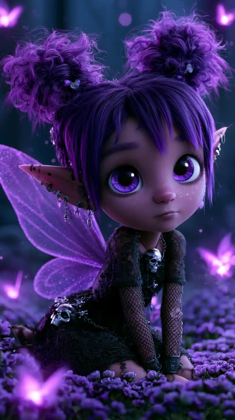 Violet haired fairy girl in gothic lace dress