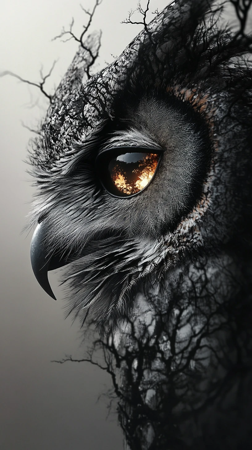 Surreal owl in low light with glowing reflective eye