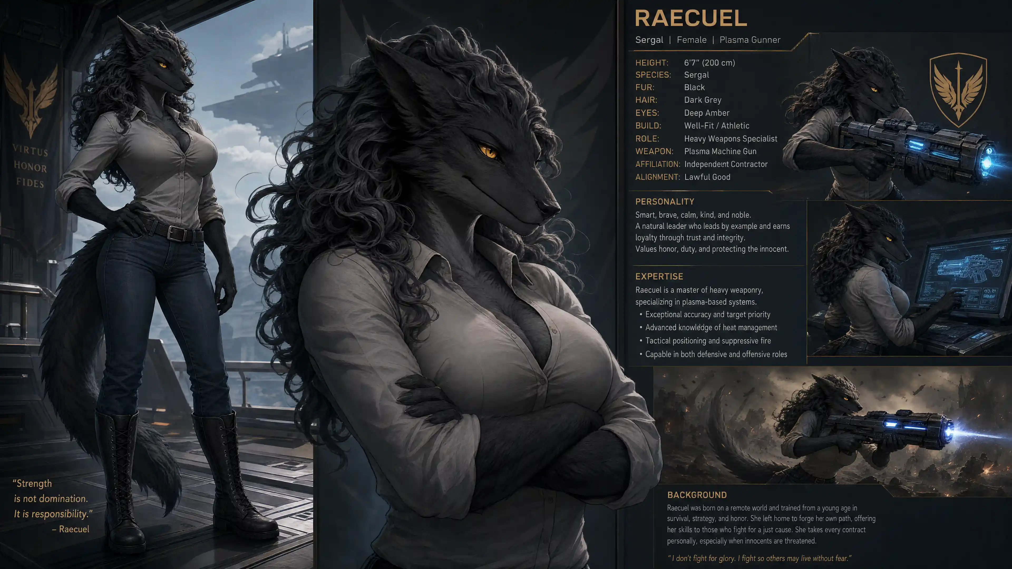 Tall black fur sergal warrior woman with plasma rifle