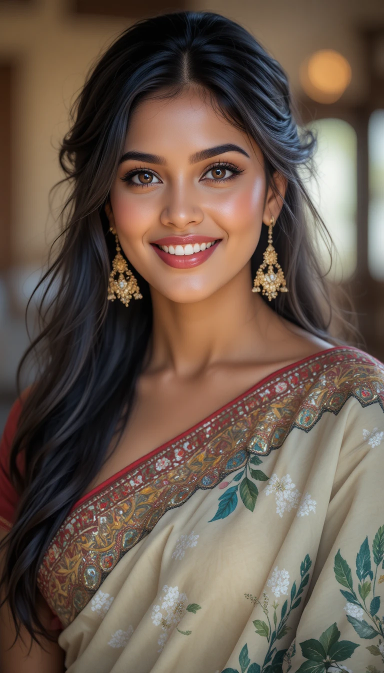Confident Indian woman smiling in a traditional saree