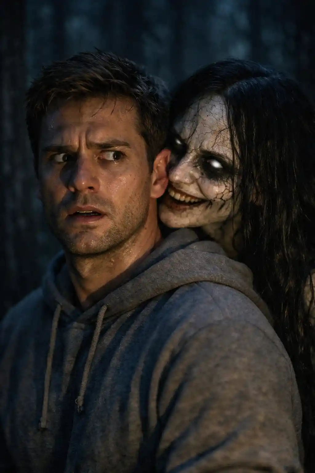 Terrified man with ghostly woman in dark forest