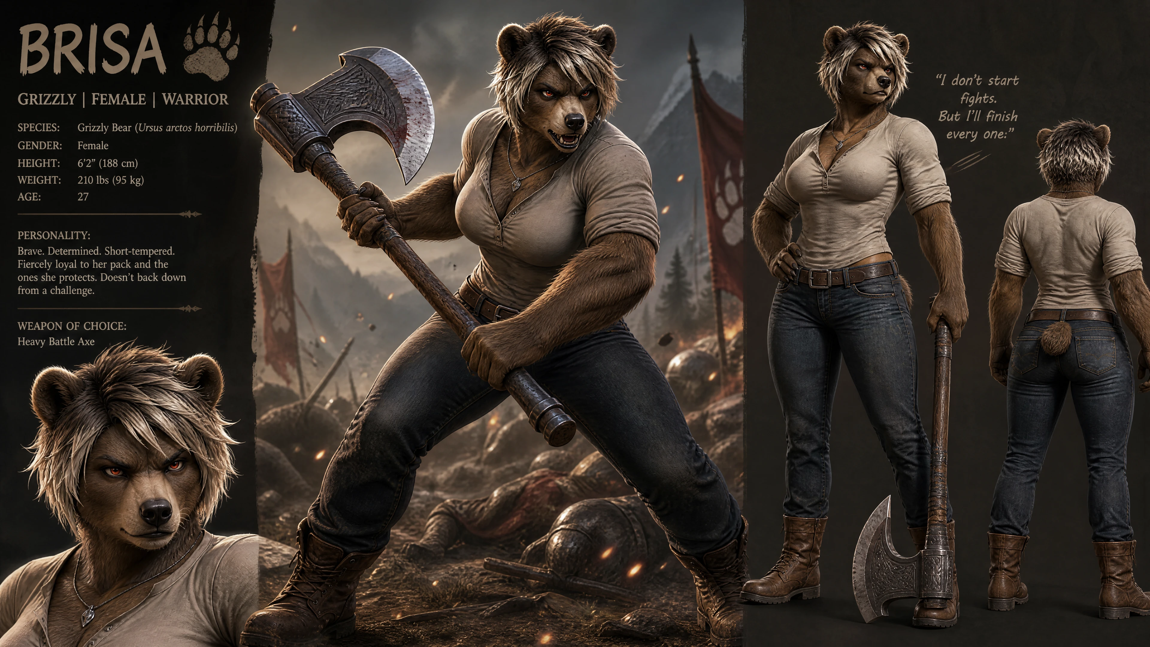 Anthro grizzly warrior woman with battle axe in casual wear