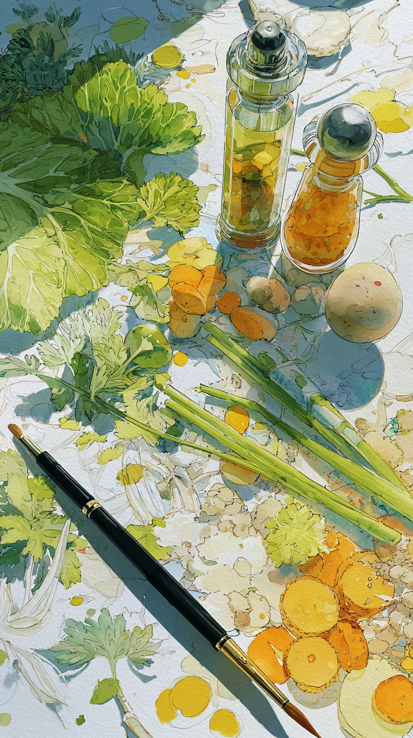 Colorful abstract painting of kitchen stationery on paper