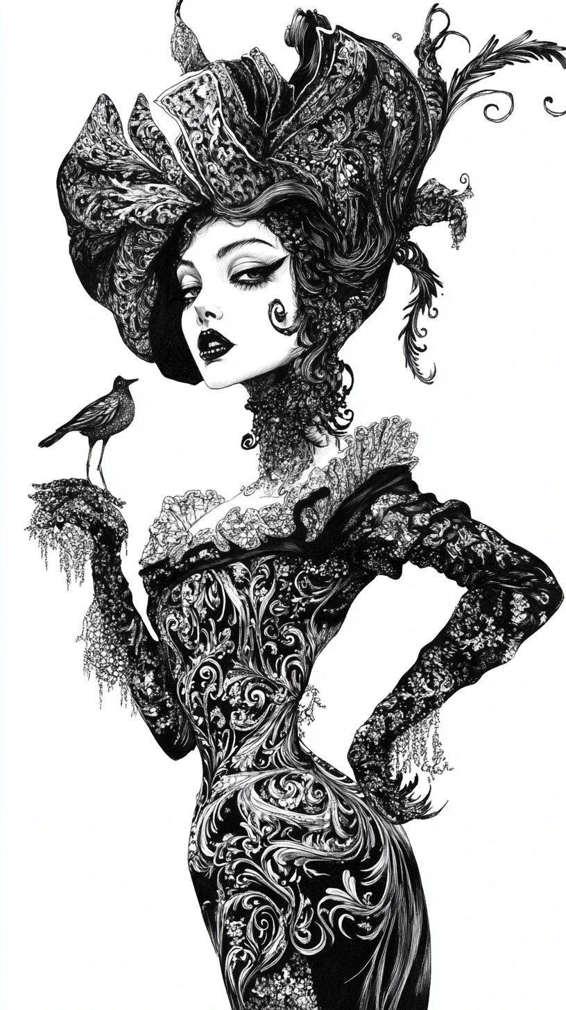 Lady Luck ink illustration with surreal illusion details