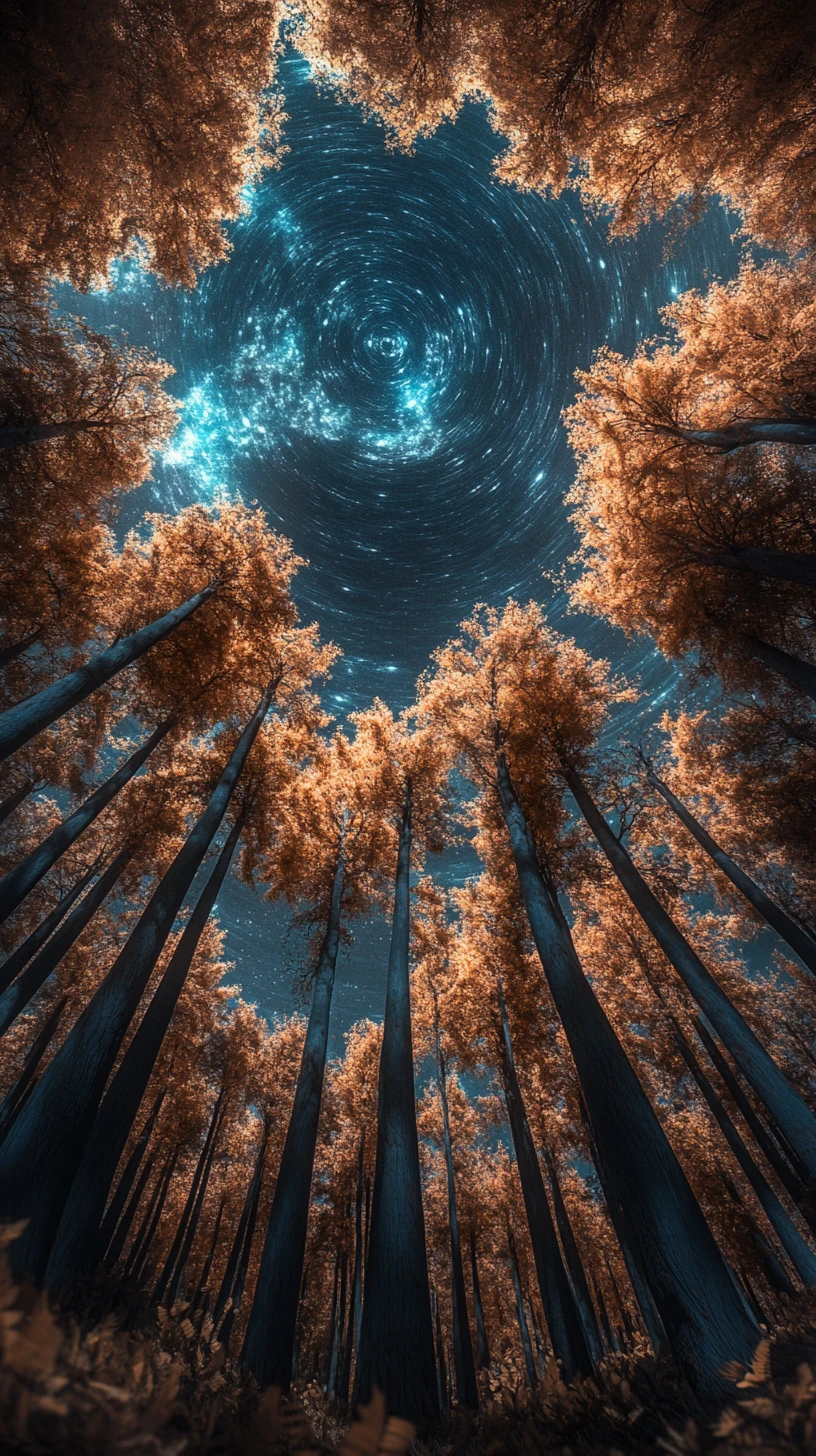 Alien forest of metallic trees under a cosmic sky