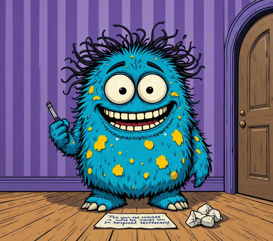 Fluffy blue monster writing on the floor in a purple room