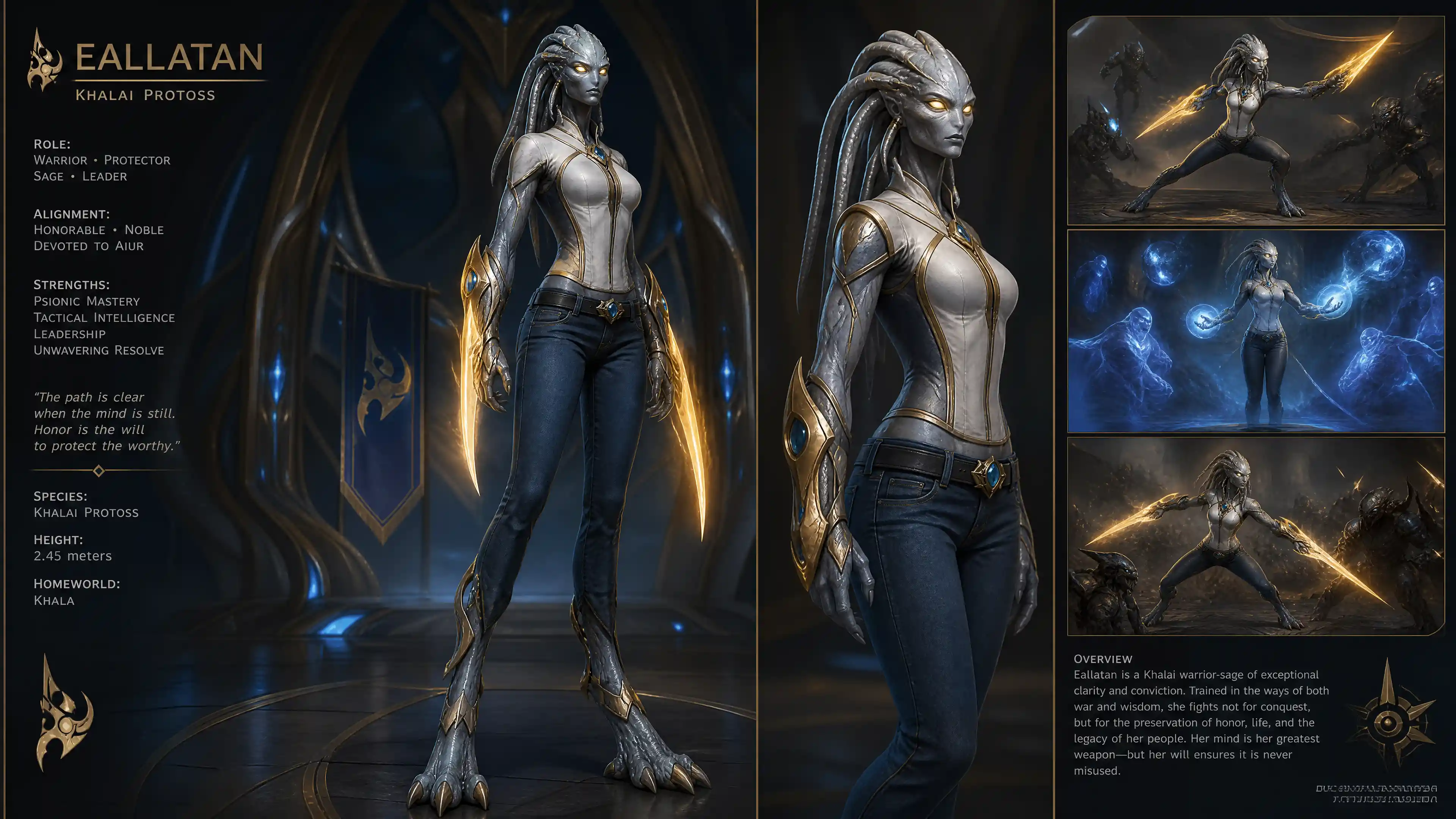 Tall female protoss warrior with glowing psionic eyes