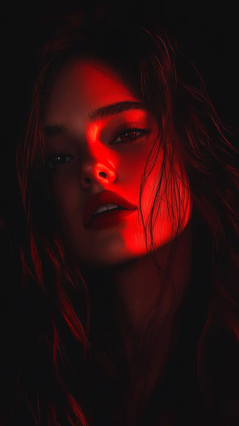 Retrato dramático en luz roja de una joven en la sombra