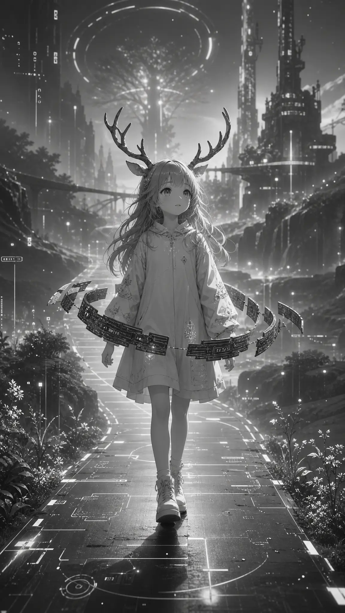 Young girl with antlers on a glowing cyber path