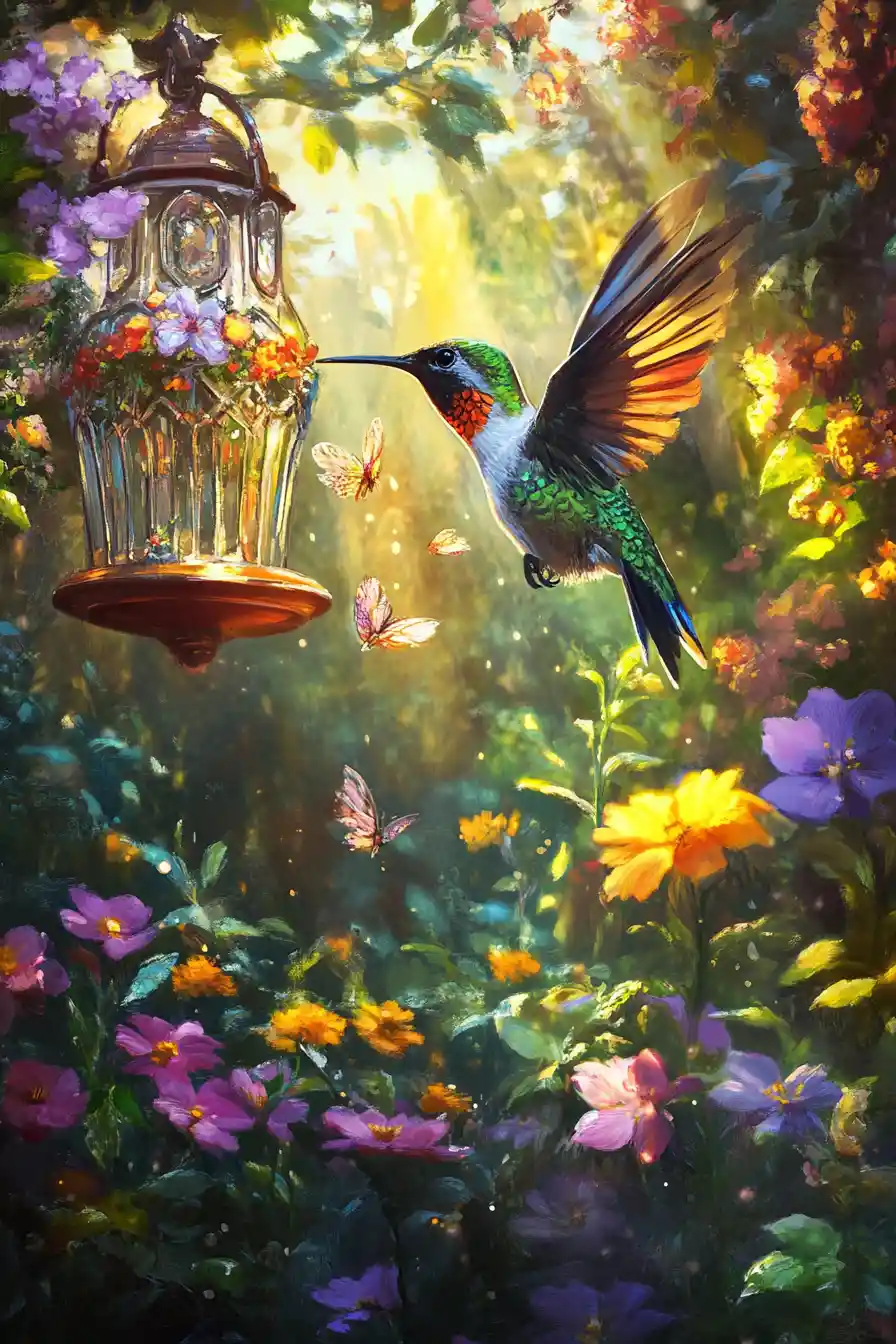 Hummingbird Feeding At Glass Feeder In Lush Garden