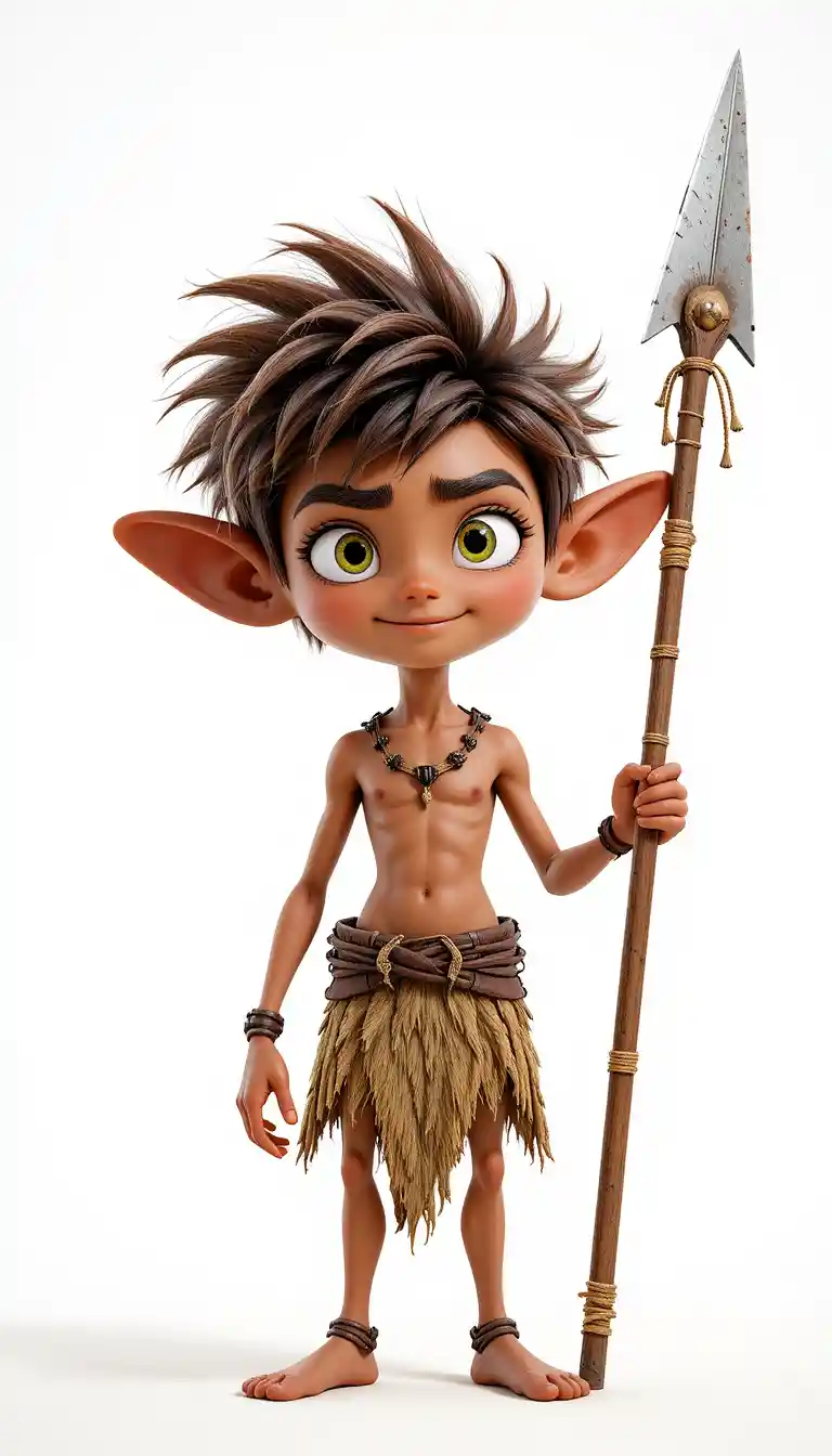 Defiant young boy with spear in 3D cartoon style