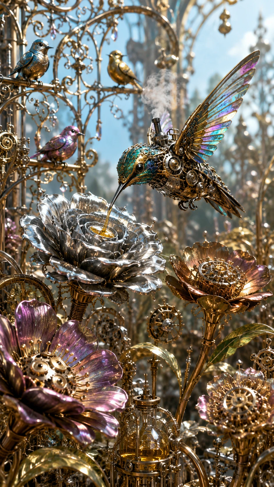 Mechanical flowers blooming in an ornate steampunk garden