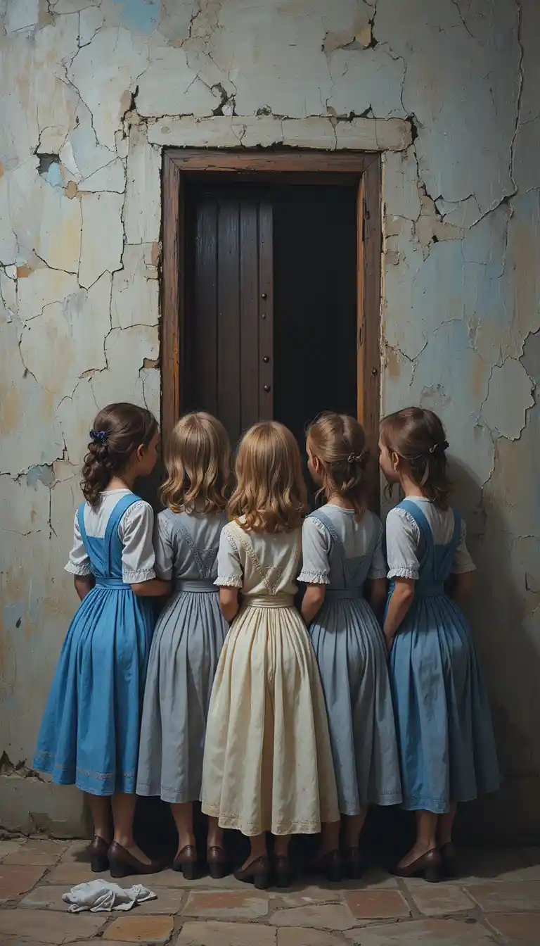 Children Watching Through A Small Window In Stone Wall
