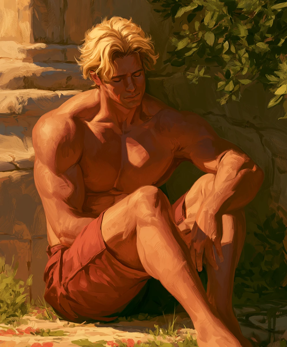 Blonde muscular man alone in a sad outdoor place