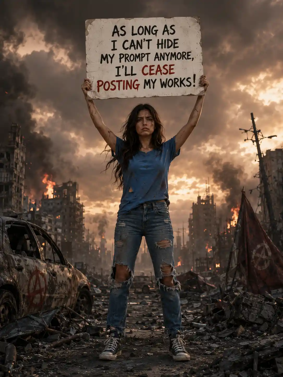Young woman holding protest placard in apocalyptic landscape