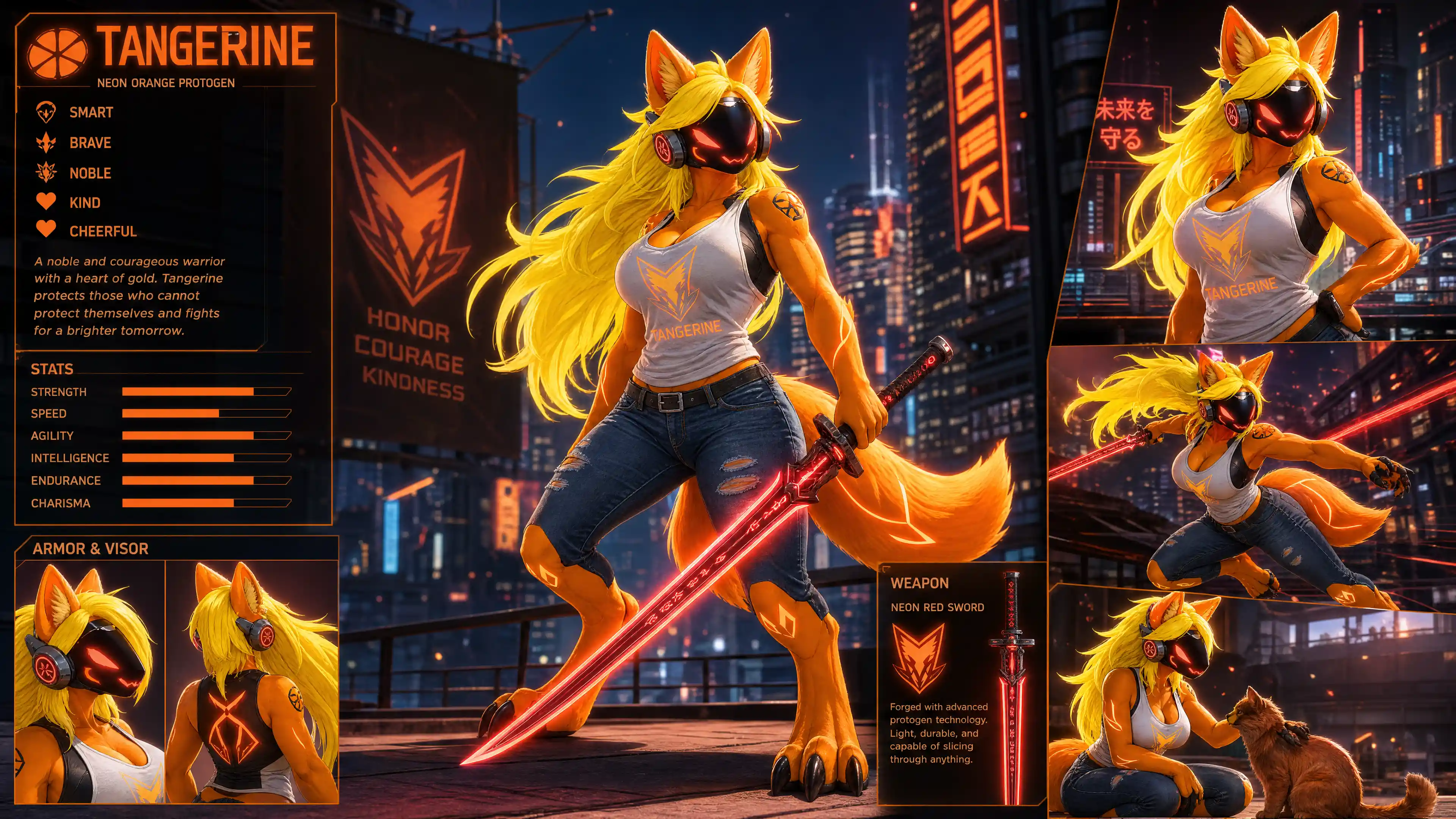 Neon orange cyber fantasy woman with sword in casual wear