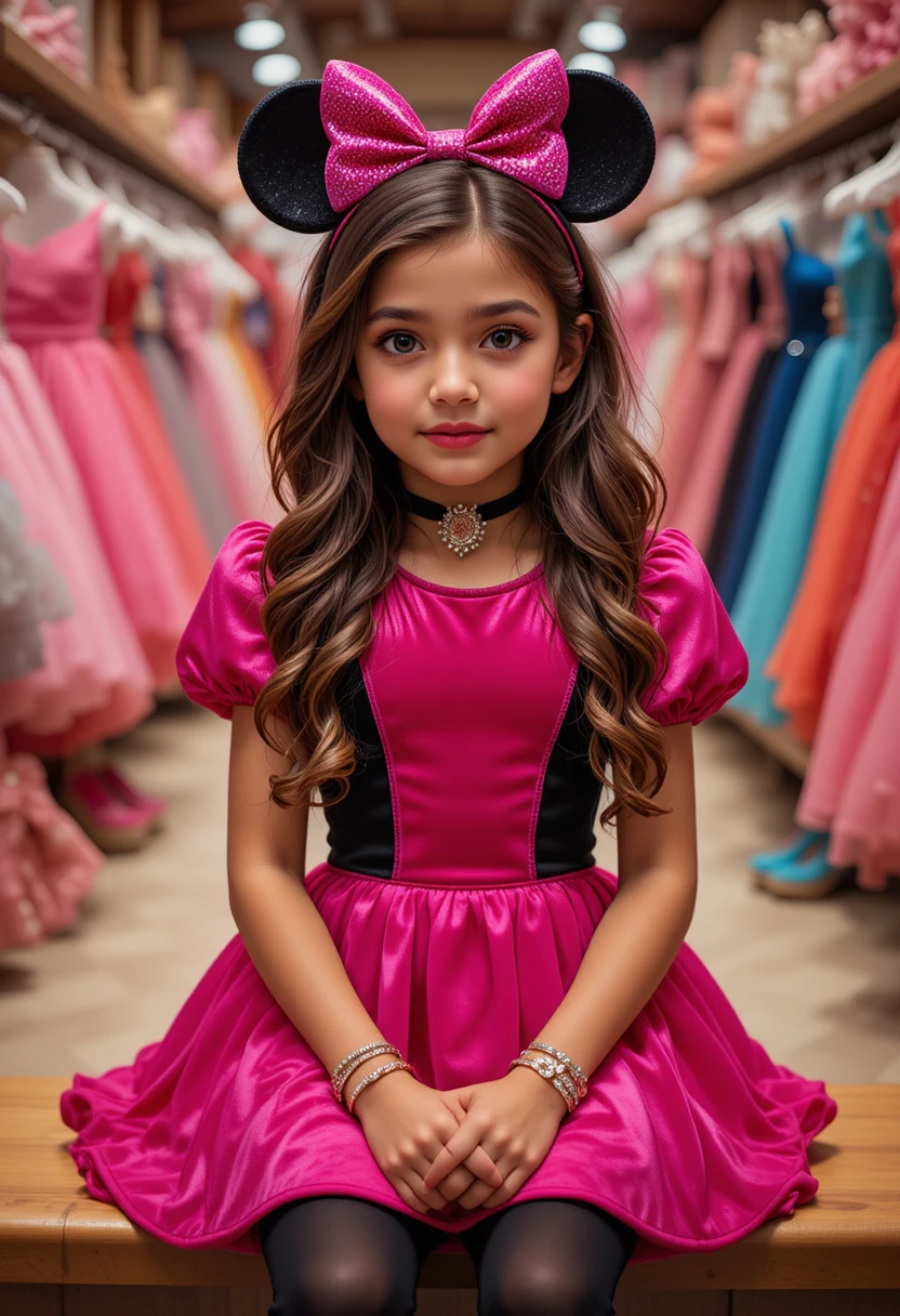 Young girl in pink Minnie dress at Disney shop