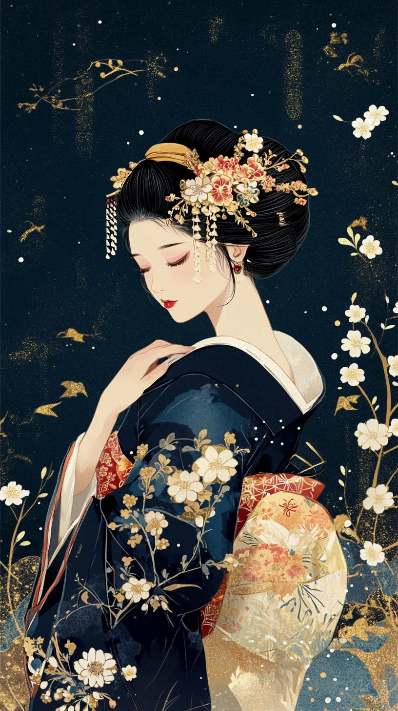 Elegant japanese geisha in navy kimono with cherry blossoms