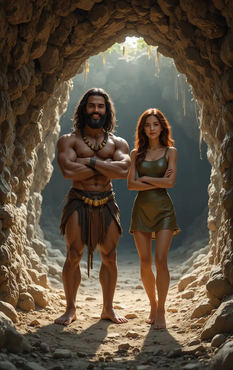 Stylized caveman couple leaning at a rocky cave entrance