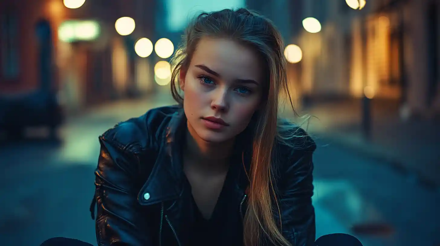 Young woman on a nighttime city street in moody light