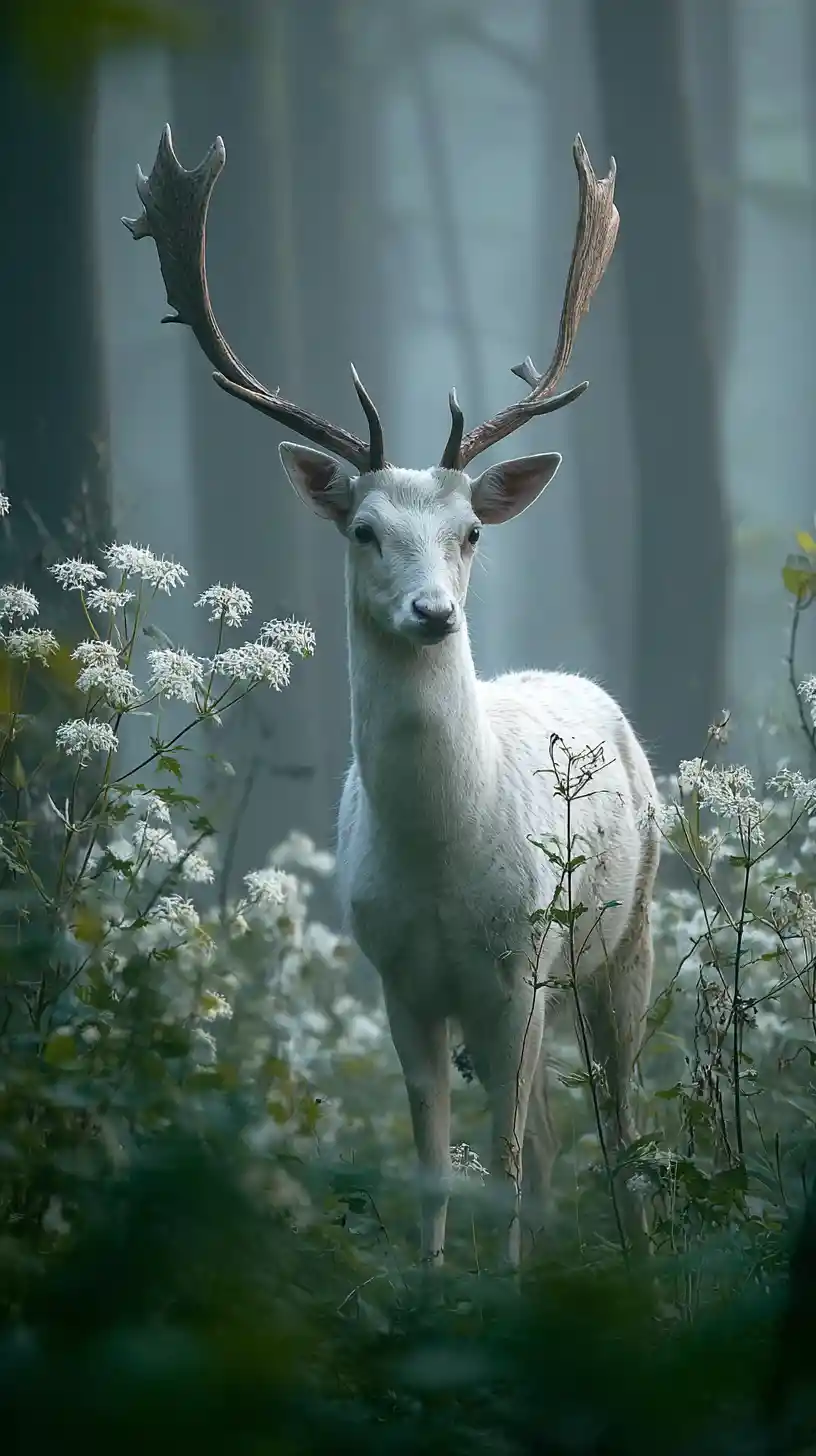 White stag standing in a misty forest stream at dawn
