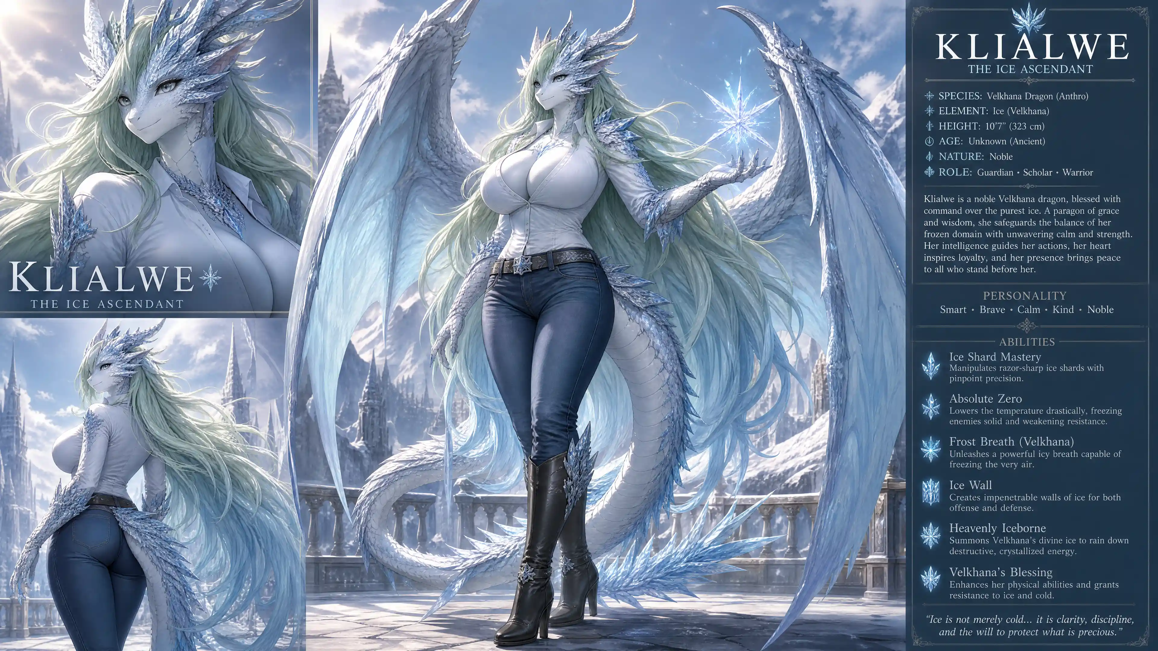 Tall winged dragon woman in casual jeans and boots