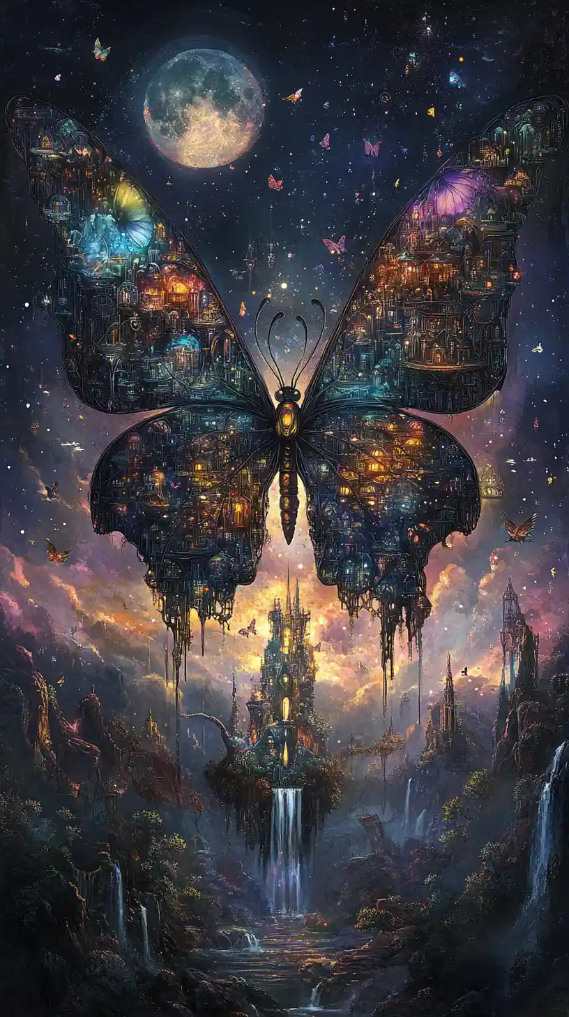 Butterfly queen with hidden worlds in luminous wings