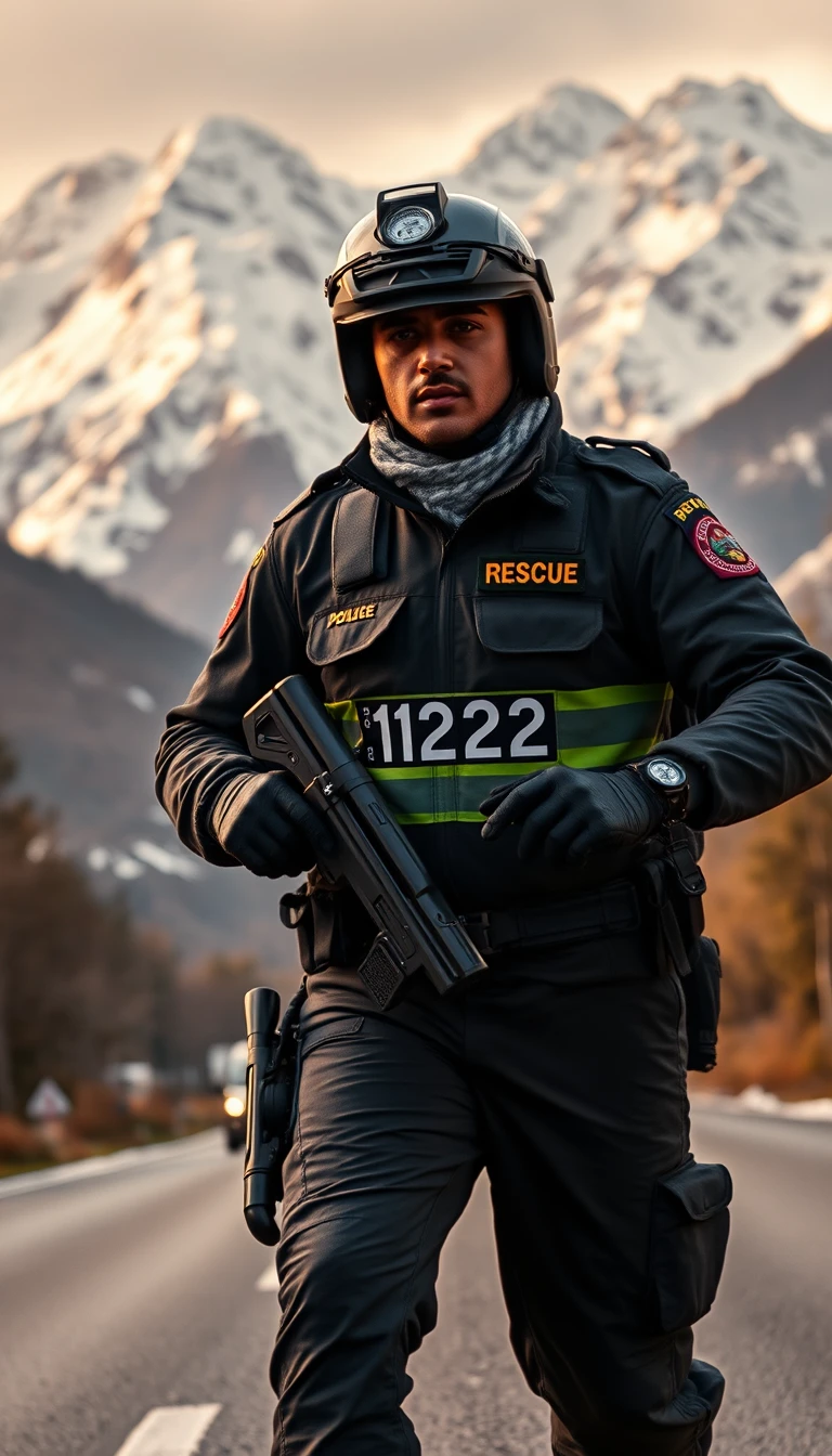 Pakistani rescue officer on patrol along snowy mountain road