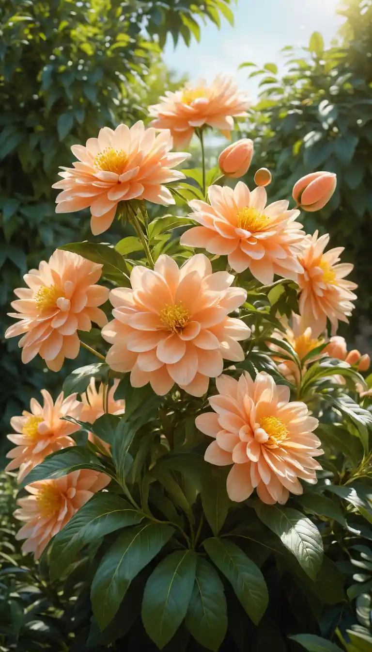 Peach Flowers In Sunlit Garden Close Up Macro View