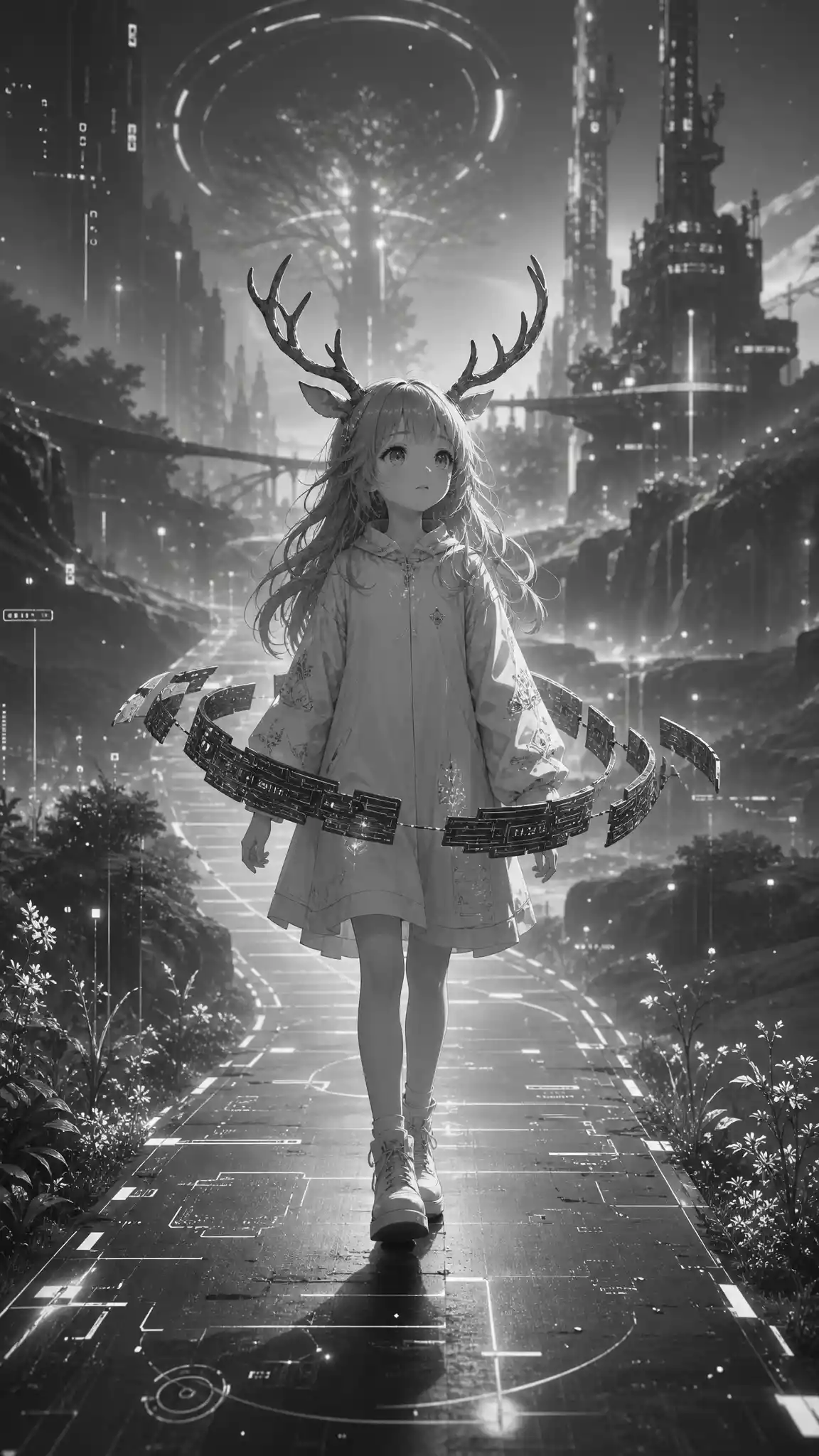Young girl with antlers on a glowing cyber path