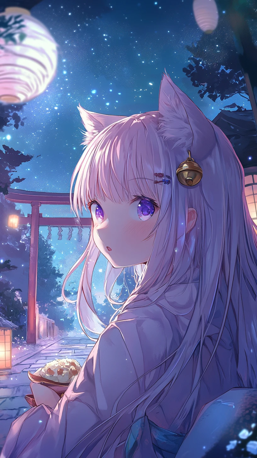 Close up anime cat girl portrait in soft moonlight