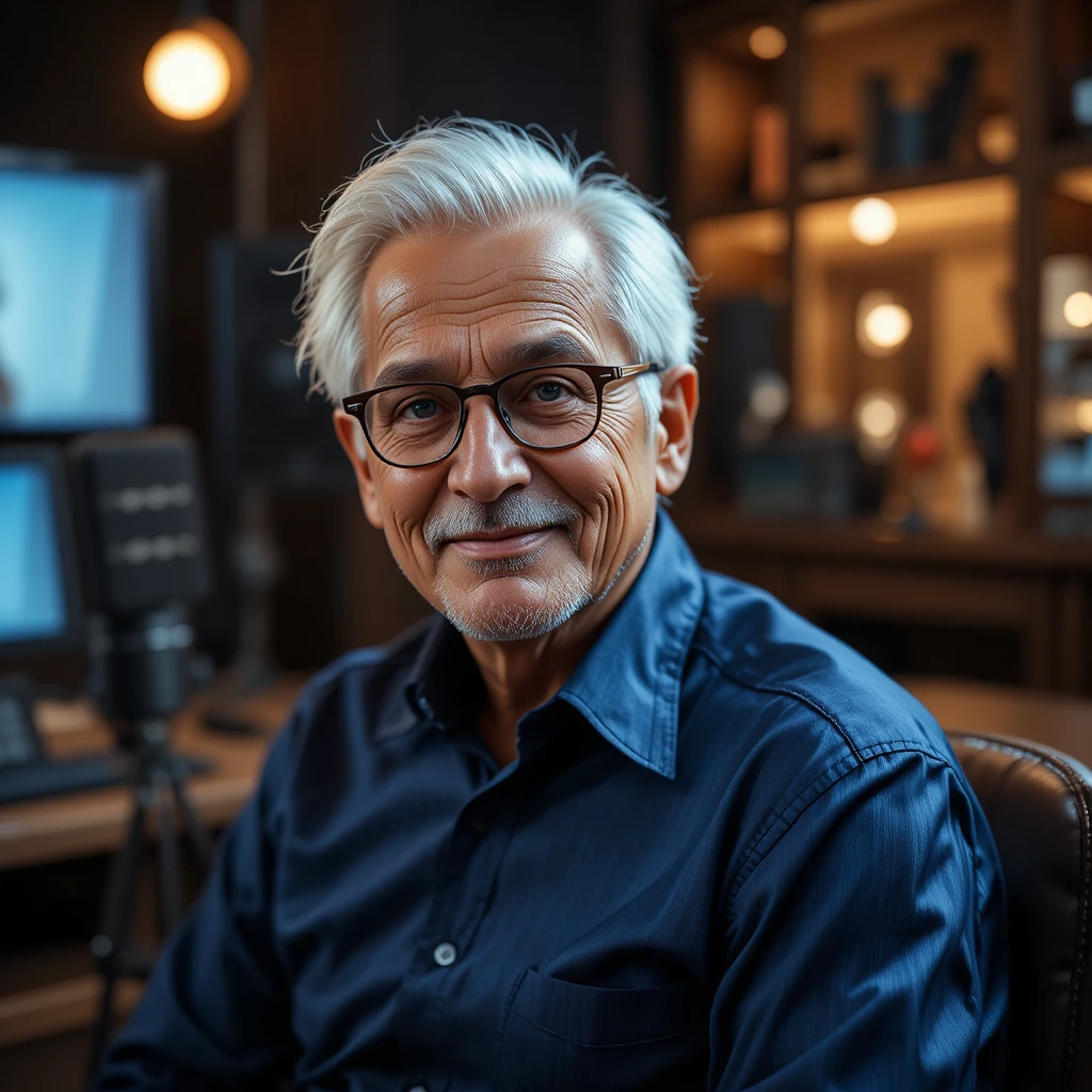 Elderly man podcast portrait in a professional recording studio