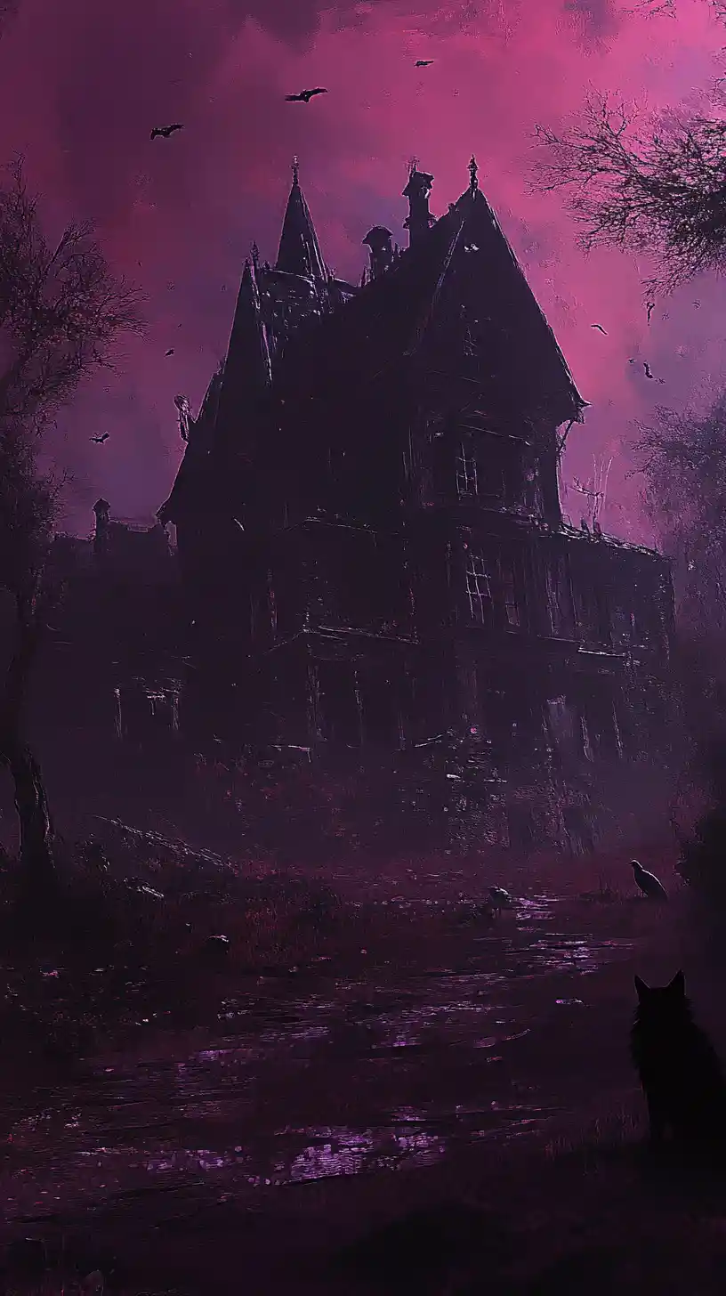 Dark dreamland with ghosts and a distant haunted house
