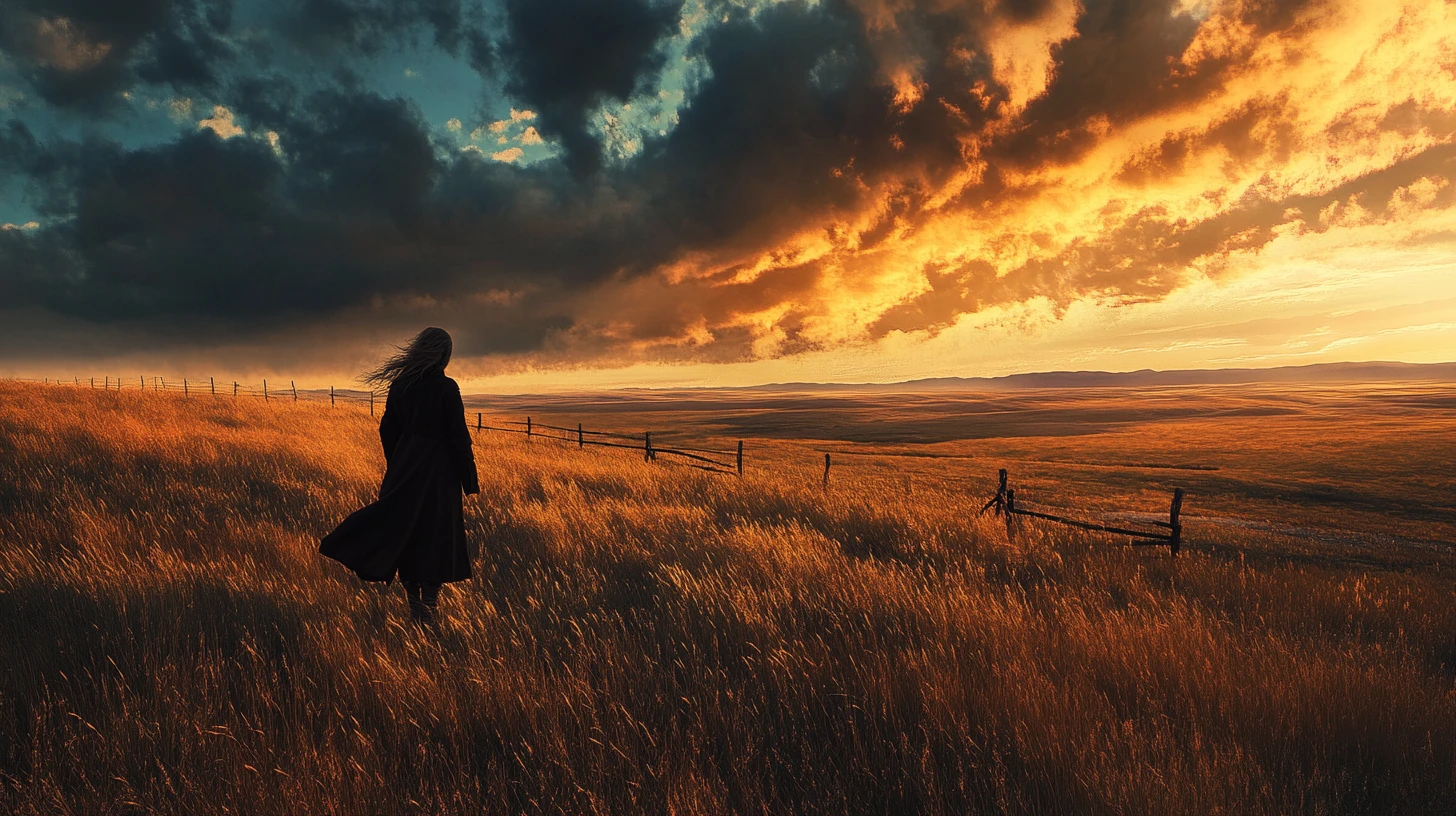 Lone woman on windswept prairie under vast stormy sky
