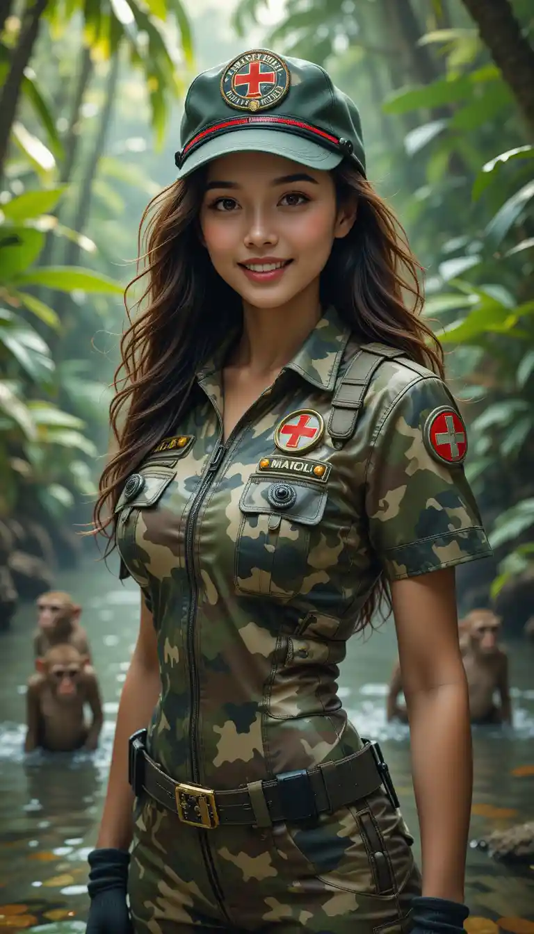 Futuristic jungle medic smiling in a tropical forest