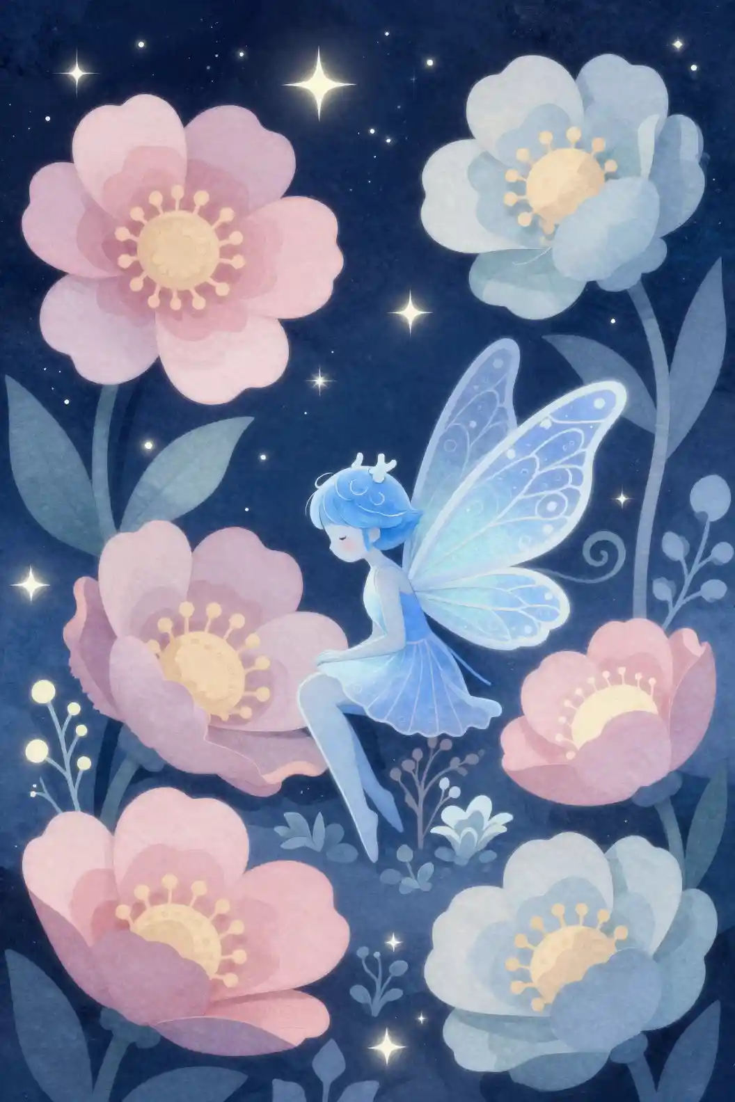 Cute blue fairy nestled among oversized night flowers