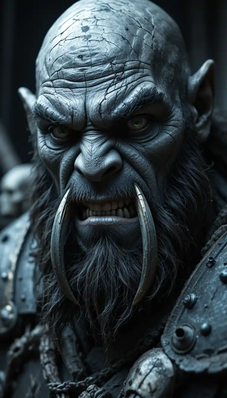 Intense Black And White Portrait Of A Scarred Orc Warlord