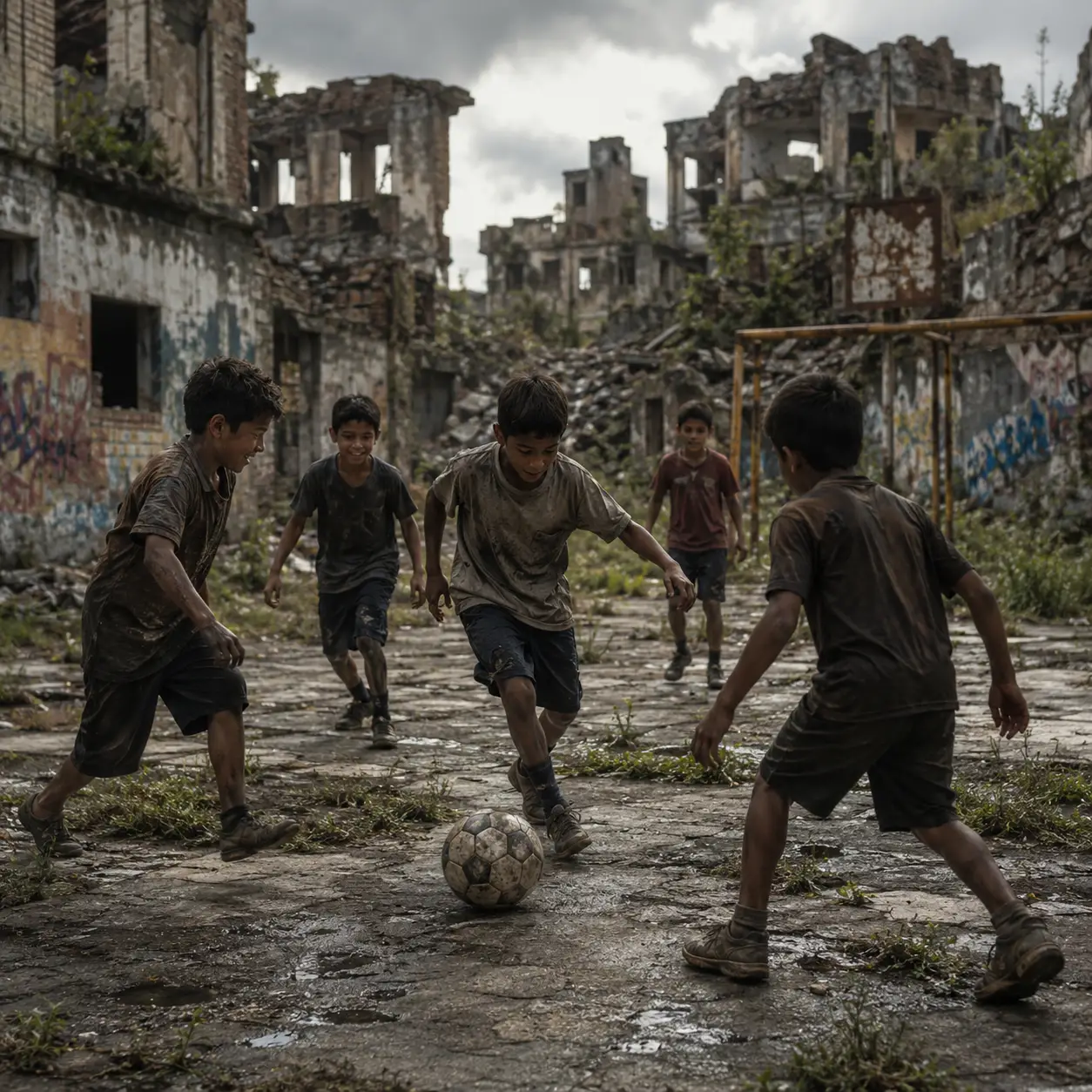 Boys Playing Soccer In An Abandoned City Schoolyard