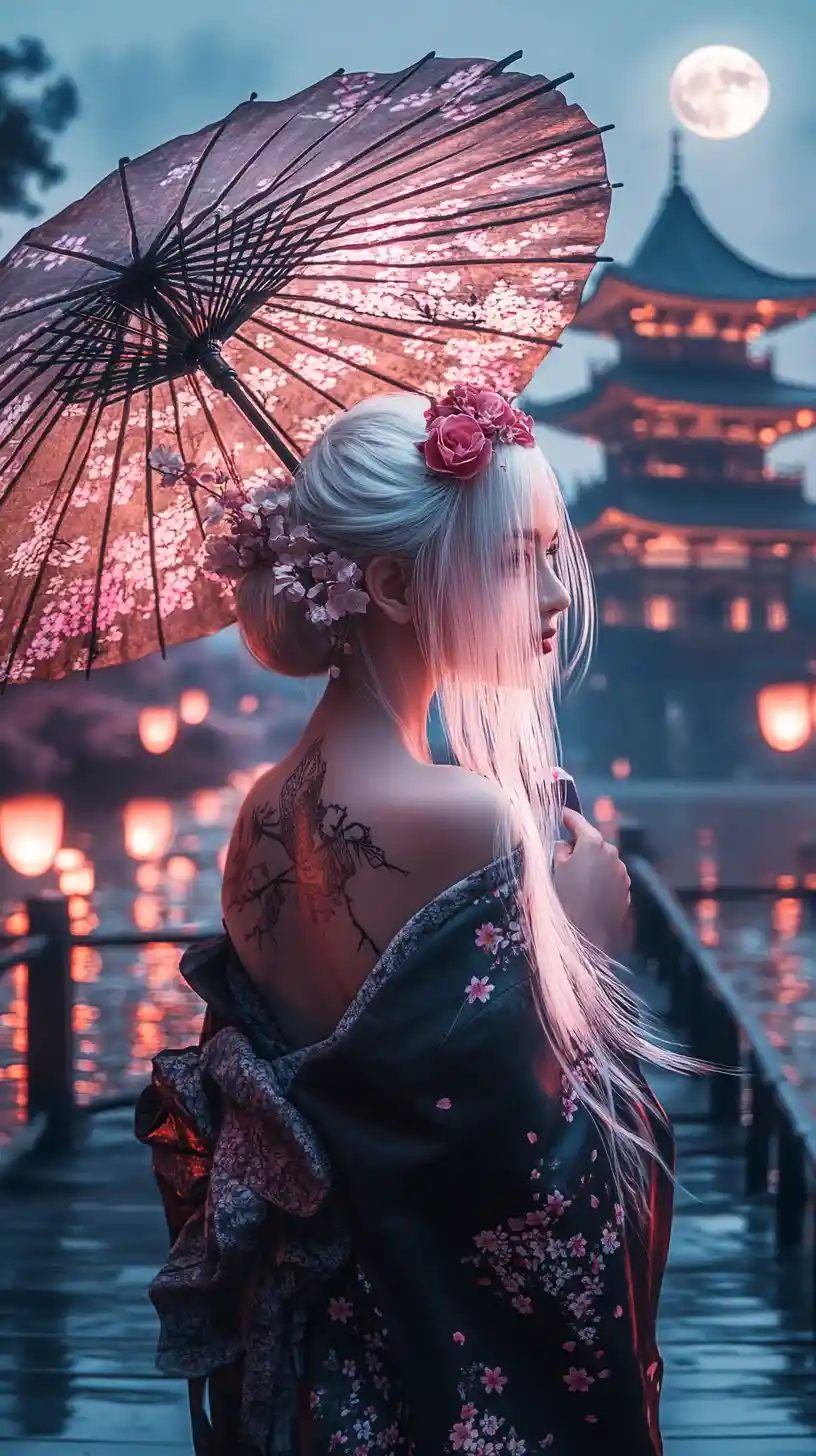 White haired woman on moonlit bridge with umbrella