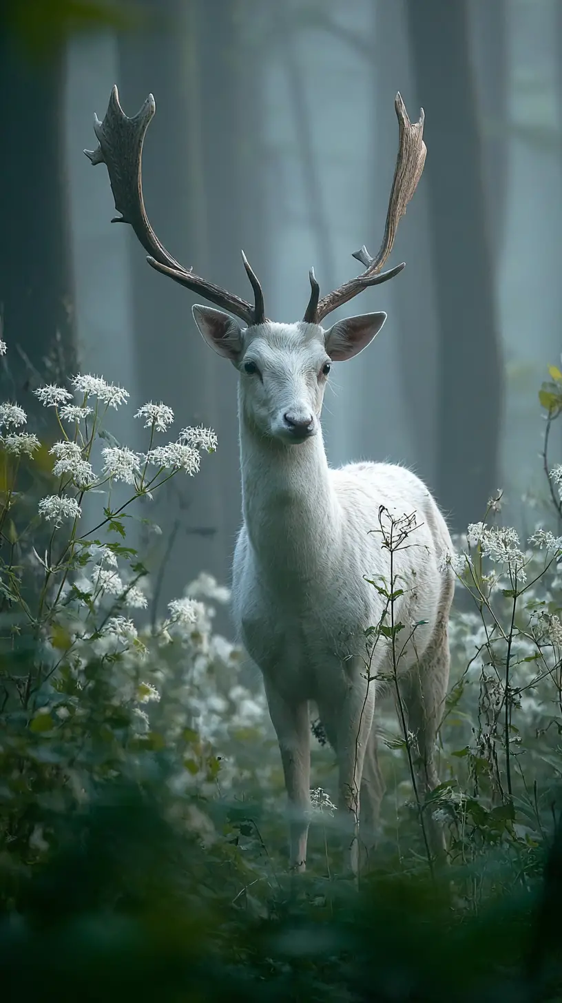White stag standing in a misty forest stream at dawn