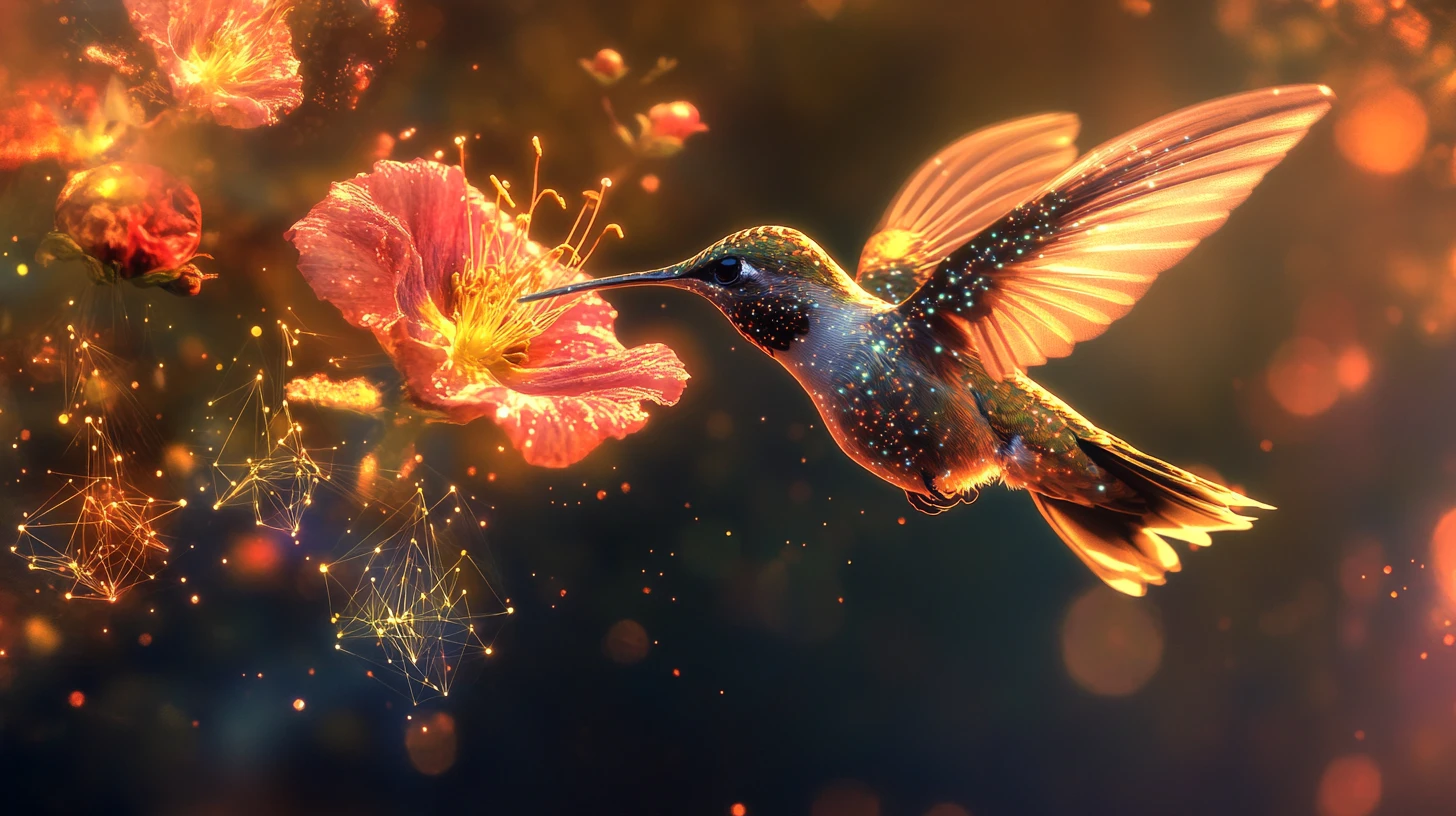 Human watching a hovering hummingbird beside a glowing flower