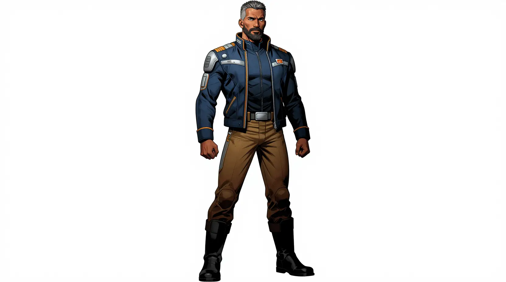 Confident starship doctor in futuristic navy uniform