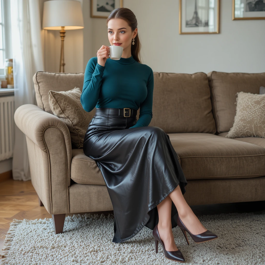 Swedish woman in leather maxi skirt drinking tea indoors