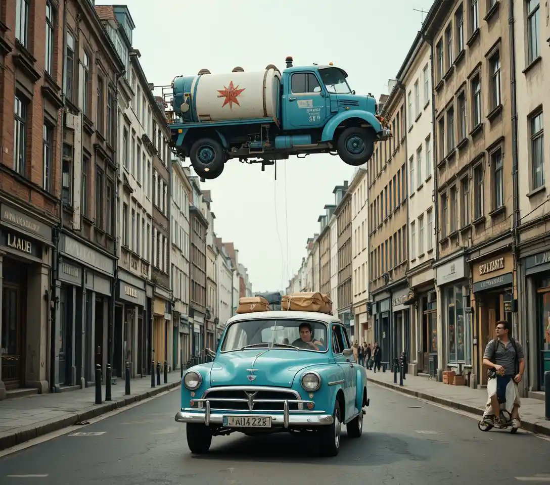 Retro futuristic European street with floating vintage vehicles