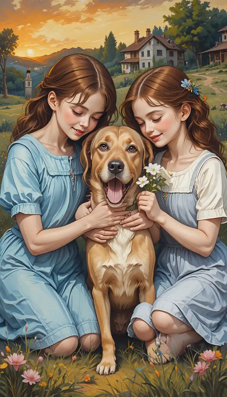 Joyful children with a dog in an abstract village sunset