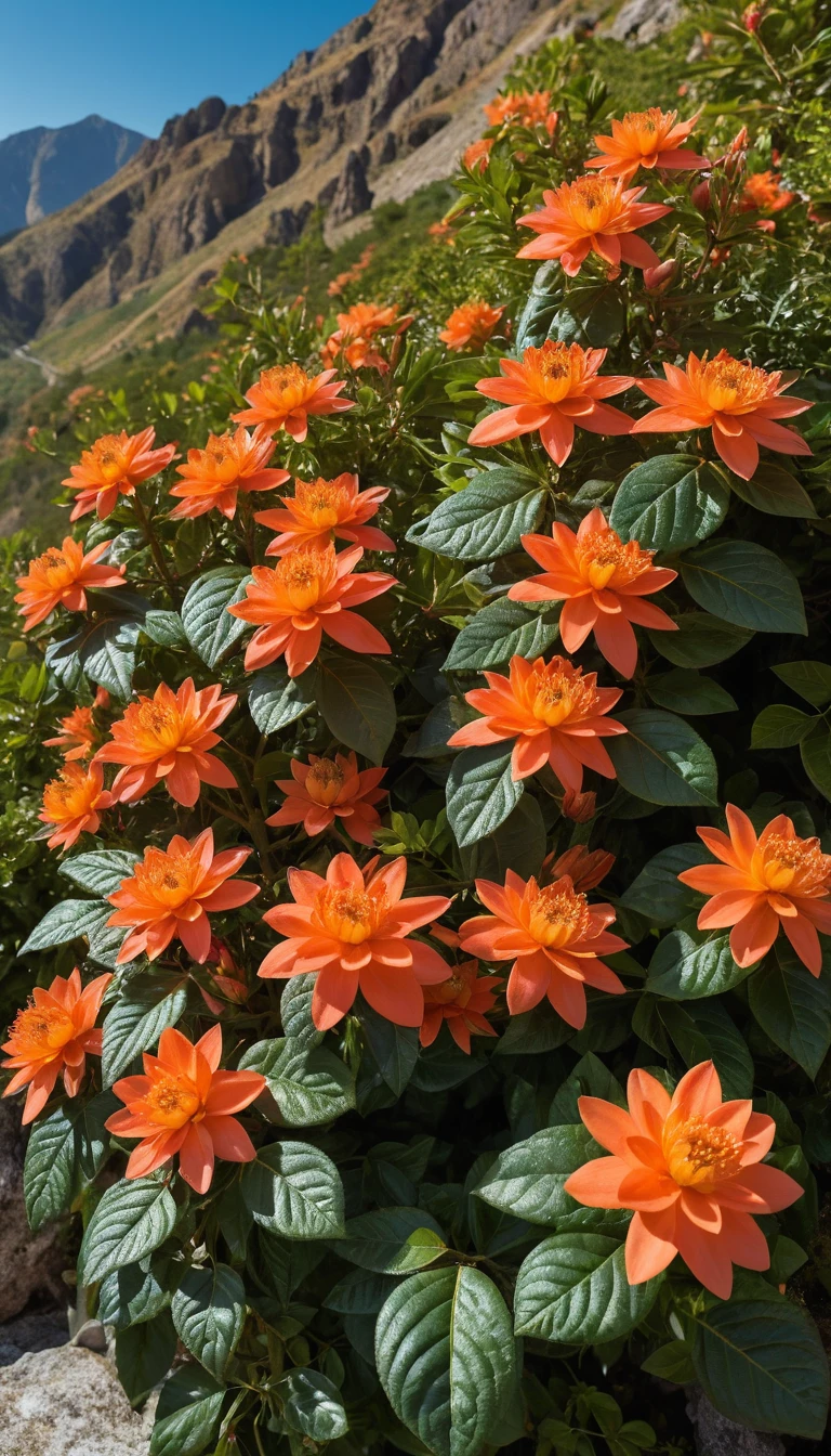 Orange red flowering mountain plant in bright sunlight